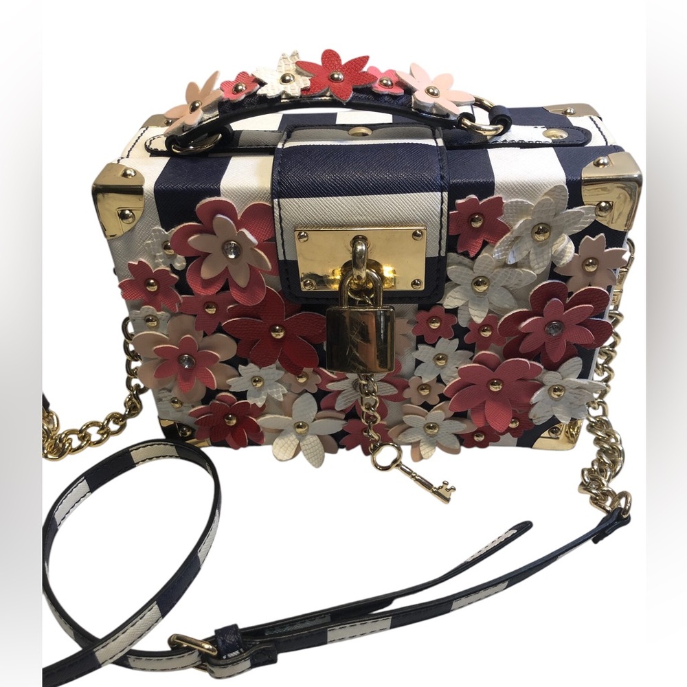 Aldo Floral Applique Navy & White Striped Structured Crossbody Bag Gold Accents